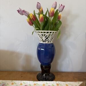 Eichwald 405 Art Nouveau Majolica‎ Vase 20th Mid Century Blue Ornate White